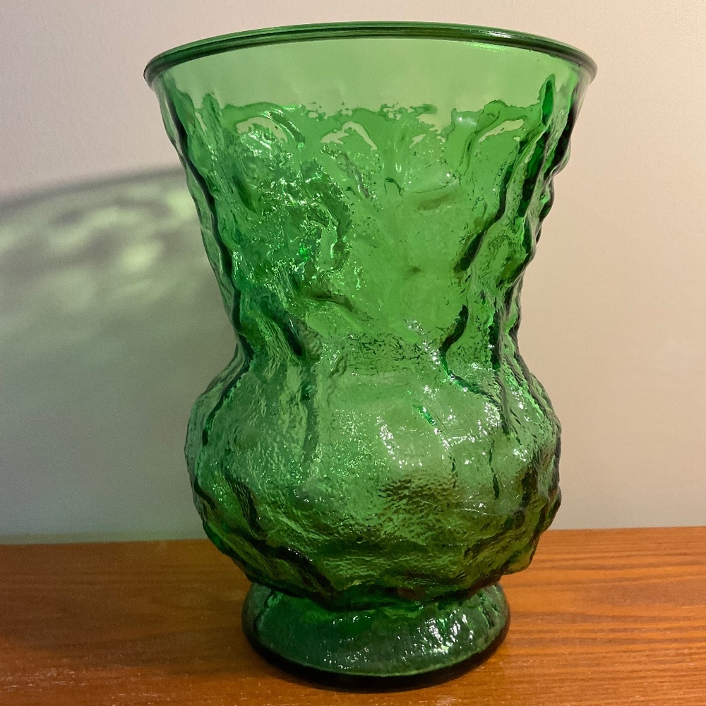 Vintage E.O. Brody Company Green Crinkle Glass Flower Vase 8”
